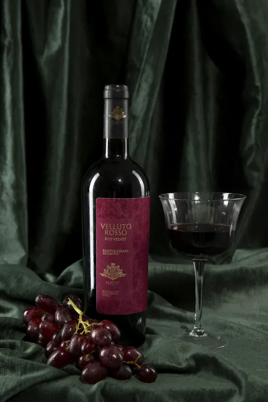 Flasche italienischer Rotwein mit Glas und Trauben